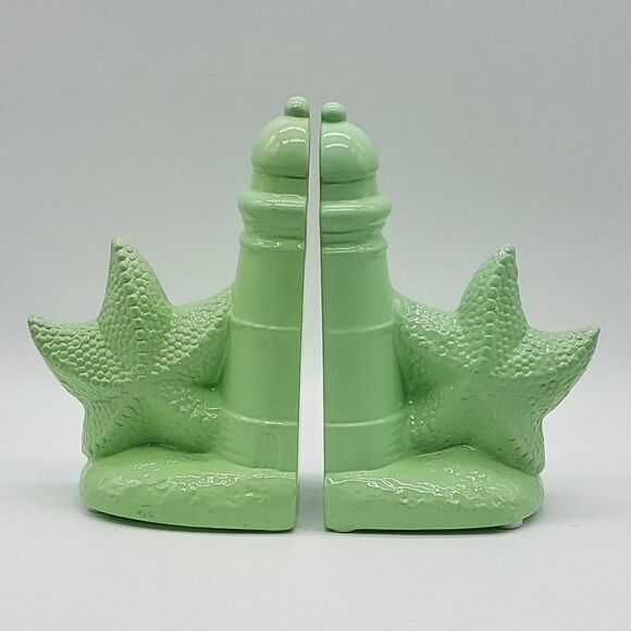 D.O.T. Furniture Lime Green Ceramic Lighthouse Starfish Set of 2 Bookends - Picture 1 of 16